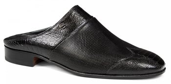 Mauri "4314" Black Genuine Ostrich Leg / Kid Skin Perforated Half Shoes.