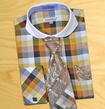 Daniel Ellissa Brown / Olive / Grey / White Check Design Shirt / Tie / Hanky Set With Free Cufflinks DS3763P2.