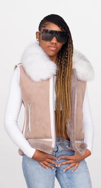 G-Gator 1057 Women's Sheepskin Vest Fox Fur Collar Lambskin Trim Front Zip