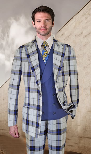 Statement "Cornila" Silver / Blue / Black Super 150's Wool Vested Modern Fit Suit