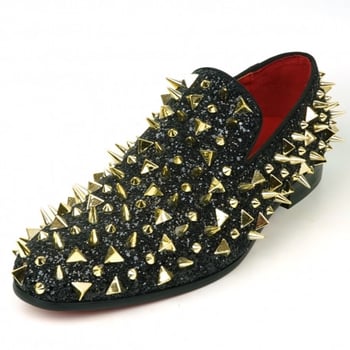 Fiesso Black Glitter Gold Spikes Slip on Loafer FI7517.