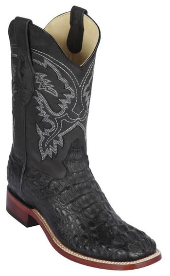 Los Altos Black Genuine Caiman Hornback Leather Wide Square Toe Cowboy Boots 822G0205