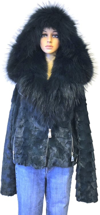 Winter Fur Ladies Green Genuine Diamond Mink Motor Jacket With Fox Collar And Hood W49S07GN.