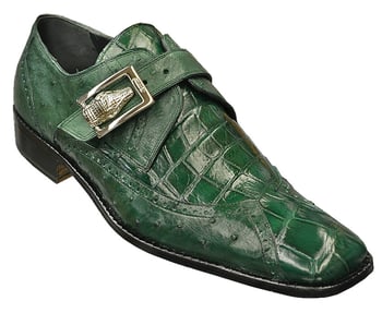 Mauri "Palazzo Pitii" 44233 Hunter Green Genuine Alligator / Ostrich Quill Shoes Wint Monkstarp With Alligator Metal Buckle on Last 188