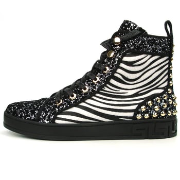 Fiesso FI2347 Black Glitter & Zebra Pony Hair High-Top Sneaker with Studs