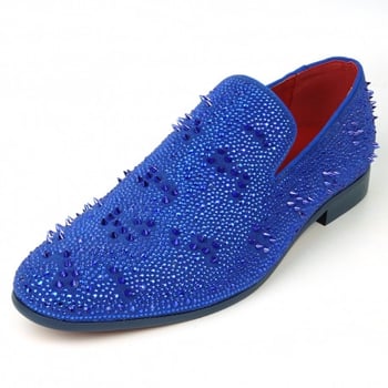 Fiesso Blue Suede Rhinestones Spikes Slip on Loafer FI7516.