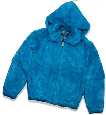 Winter Fur Kid's Ocean Blue Genuine Rex Rabbit Jacket with Fox Trimmed Hood K08R02.