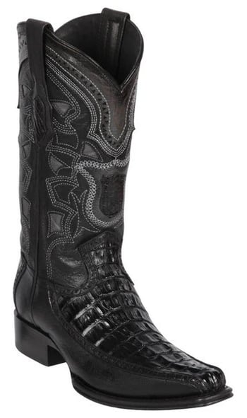 Los Altos Black Genuine Caiman Tail and Deer European Square Toe Cowboy Boots 76F0105