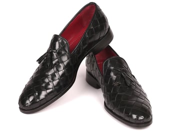 Paul Parkman ''6623-BLK'' Black Genuine Leather Braided Tassel Loafer Shoes