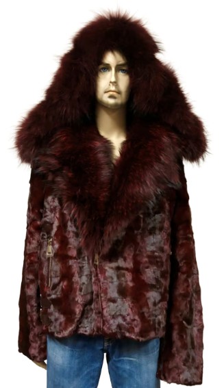 Winter Fur M49S02BD Burgundy Genuine Diamond Mink Motorcycle Jacket with Fox Collar & Hood