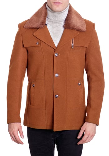 De-Niko Camel Wool Blend Single Breasted Pea Coat / Removable Faux Fur Collar MW939