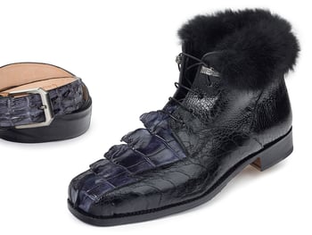 Mauri "Polar" 4683 Medium Grey Genuine Hornback Alligator Hand-Painted / Black Ostrich Leg / Black Lapin Boots