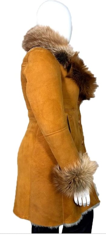 G-Gator Ladies Genuine Sheepskin Single-Breasted Trench Coat With Fox Fur Collar 0105.