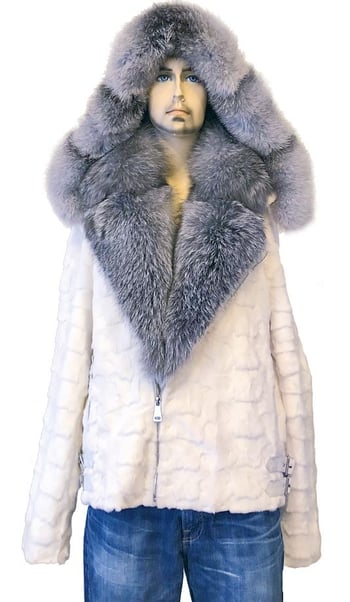 Winter Fur White Genuine Diamond Mink Motorcycle Jacket With Fox Collar And Hood M49S02WT.