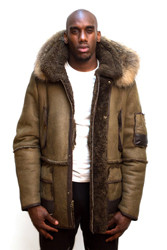 G-Gator Olive Green Sheepskin Parka Jacket With Hood And Leather Trimming 3800.