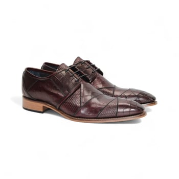Duca Di Matiste Imperio Burgundy Italian Calf Leather Crocodile-Ostrich-Lizard Print Derby Shoes.