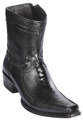 Los Altos  Black Genuine Ostrich Leg And Deer Boots Leather  European Square Toe Low Shaft Cowboy Boots 76BF0505