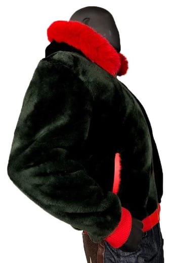 G-Gator Green / Red Genuine Lambskin Bomber Jacket With Fur Collar 4050.