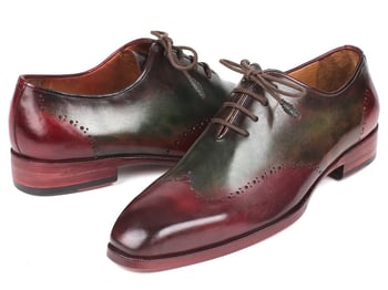 Paul Parkman ''097YL63'' Bordeaux / Green Genuine Hand-Painted Leather Wingtip Oxfords Shoes.