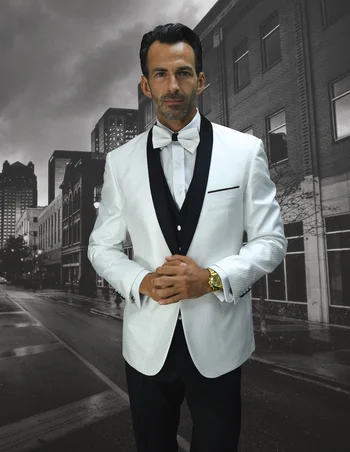 Statement "Bellagio" White / Black / Silver Super 150's Vested Modern Fit Tuxedo / Bow Tie