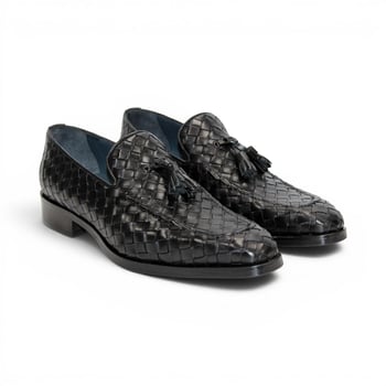 Duca Di Matiste Tirrenea Black Calf Weave Leather Tassle Loafer