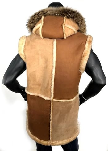 G-Gator Camel / Brown Genuine Sheepskin Shearling Vest With Fox Fur Hood / Toggles Сlasp 4905.