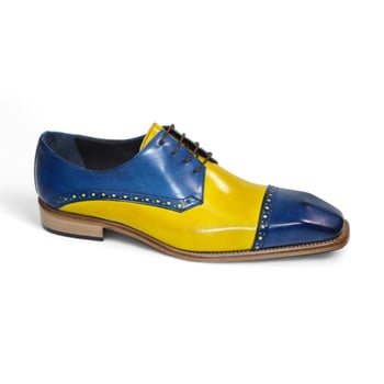 Duca Di Matiste "Lombardi" Ocean Blue/Yellow Genuine Italian Calf Leather Lace-Up Dress Shoes.