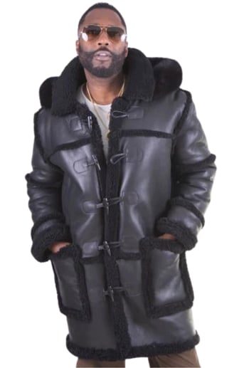 G-Gator 4100 Black Genuine Sheepskin Shearling Long Toggle Coat Hood Jacket