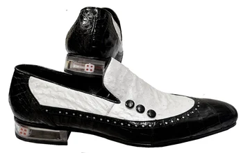 Mauri 4821/1 Black / White Genuine Body Alligator / Ostrich Loafer Shoes With Plexiglass Heel/Dice.