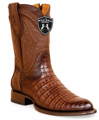 Wild West 269IZ8216 Faded Brown Genuine Caiman Belly Skin Roper Toe Cowboy Boots With Zipper 