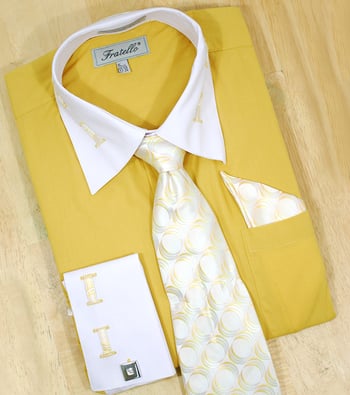 Fratello Mustard With Mustard / White Laced Spread Collar And French Cuffs Shirt/Tie/Hanky Set  FRV4105P2