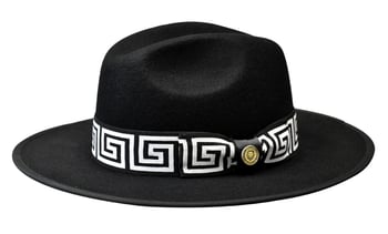 Bruno Capelo Black / White Greek Key Wool Flat Brim Fedora Dress Hat WE-971