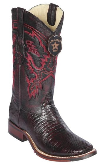 Los Altos Black Cherry Genuine Teju Leather Wide Square Toe Cowboy Boots 6260718