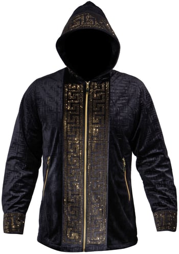 Prestige Black / Gold Metallic Studded Greek Design Hooded Zip-Up Jacket VHD-200