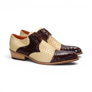 Fennix Italy Roger Brown / Beige Genuine Alligator Snakeskin Lace-Up Dress Shoes
