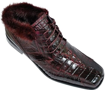 Mauri 2179 "Excelsior" Burgundy Hornback Crocodile Tail / Ostrich Leg Hand Painted Leather Boots With Fur