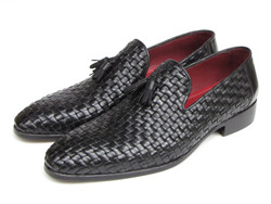 Paul Parkman 085 Black Genuine Woven Leather Loafer Shoes With Tassel