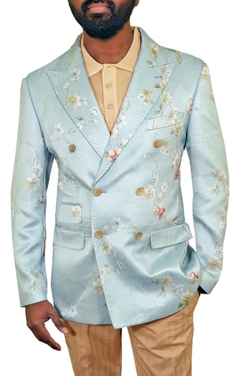 Cigar Pastel Blue / Khaki / White Double Breasted Classic Fit Blazer J-5710