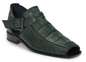 Mauri ''Olona'' 3035 Hunter Green Genuine Ostrich / Baby Crocodile Hand Painted Closed Back Monk Strap Heel Sandals.