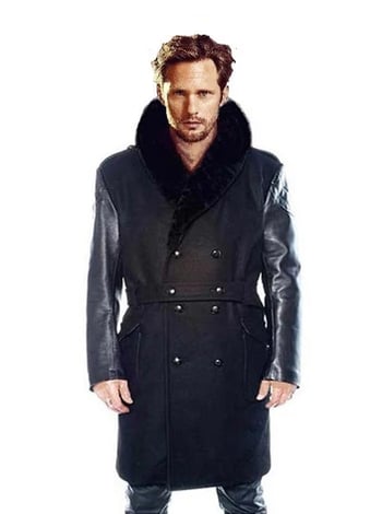 G-Gator Style 1400 Black Wool Coat with Leather Sleeves Mouton Collar Belted Coat