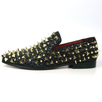 Fiesso Black Glitter Gold Spikes Slip on Loafer FI7517.