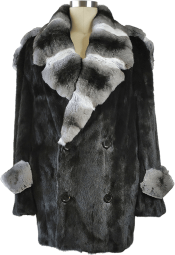 Winter Fur Black / White / Grey Genuine Full Skin Mink Pea Coat With Real Chinchilla Collar M59Q01BKC.