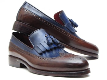 Paul Parkman KT44BN Dark Brown & Navy Genuine Calfskin With Kiltie Tassel Loafer Shoes