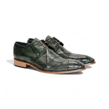 Duca Di Matiste Imperio Green Italian Calf Leather Croc-Ostrich-Lizard Derby Shoes.