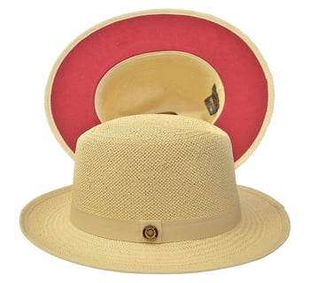 Bruno Capelo Natural Cream / Burnt Red Bottom Natural Straw Fedora Hat EM-513