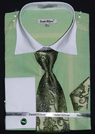 Daniel Ellissa Apple Two Tone Stripes Design Shirt / Tie / Hanky Set With Free Cufflink DS3770P2.