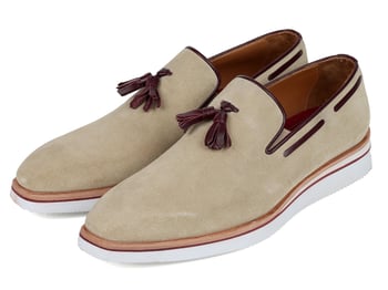 Paul Parkman "181-BEI-SD" Beige Genuine Suede Tassel Loafers Shoes.