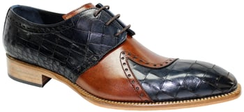 Duca Di Matiste "Valentano" Navy Blue / Brandy Genuine Italian Calfskin / Crocodile Print Lace-Up Derby Shoes.