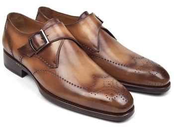 Paul Parkman ''98F54-BRW" Brown / Camel Genuine Leather Monkstrap Wingtip Shoes.