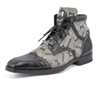 Mauri "Jetset" Black / Gray Genuine Alligator / Ostrich Leg / Mauri Fabric Derby Boots 3069.